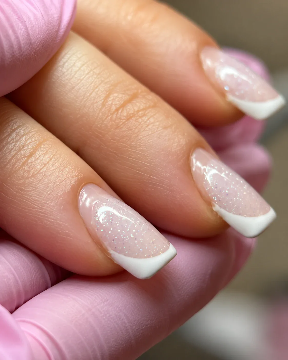 French na krótkich kwadratach, dłoń modelki w dłoni stylistki w różowej rękawiczce